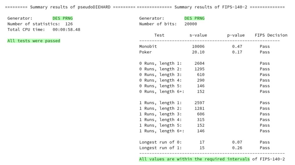 Output for DES PRNG for Diehard (left) and FIPS-140-2 (right) test suites
